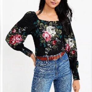 LOFT Black Floral XS Square Neck Blouse Knit Peasant Top Smocked Puff Sleeves